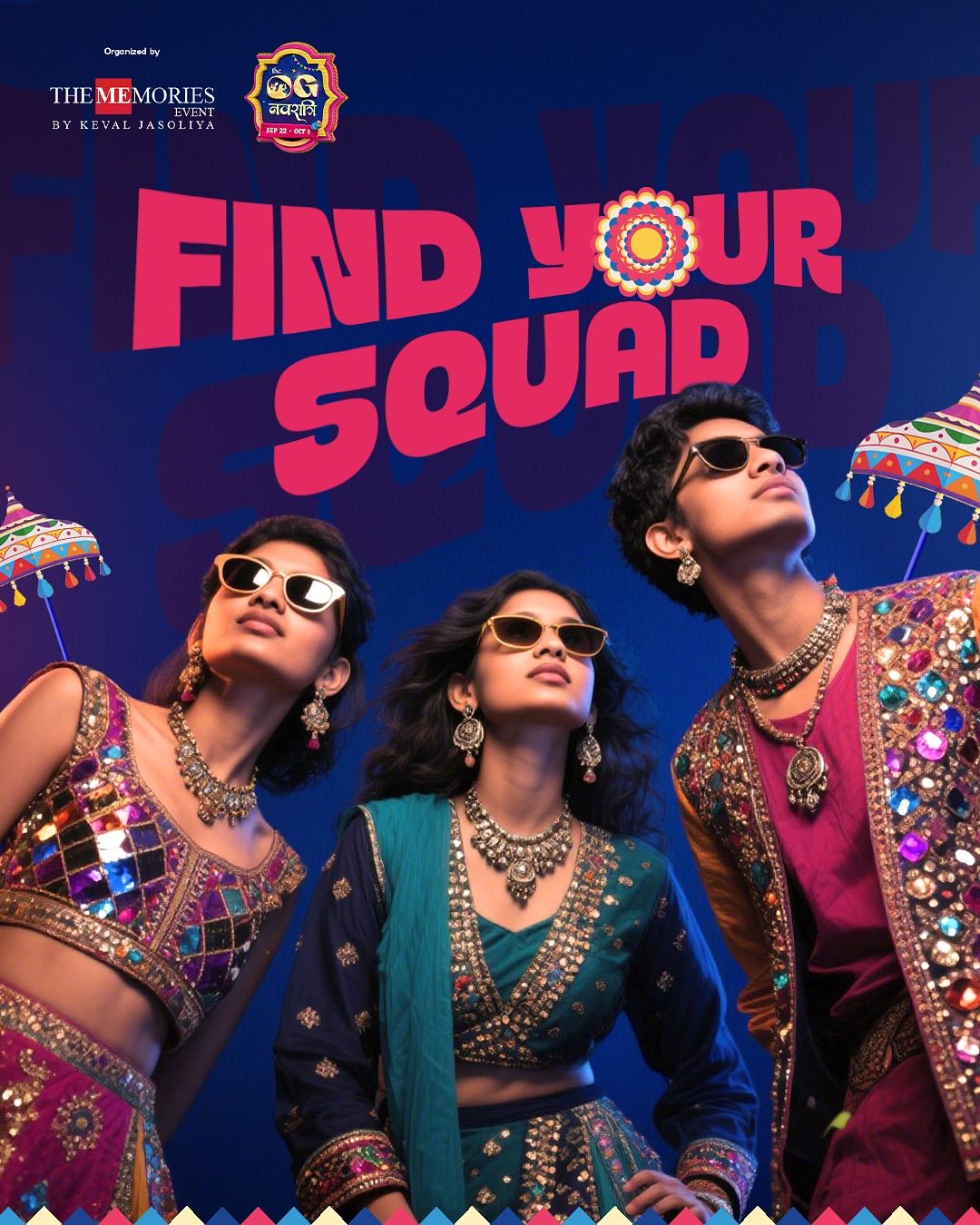 Three young people in mirror-work garba outfits and sunglasses looking up
