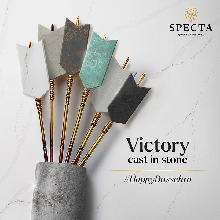 Dussehra creative ad: Arrows with quartz-slab fletching in a stone quiver