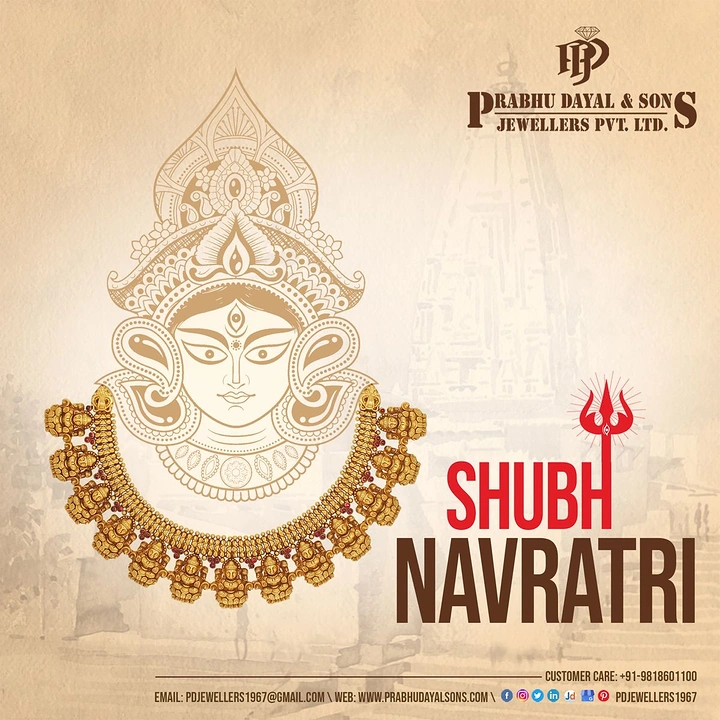 Navratri creative ad: Durga line-art face adorned with a gold temple necklace