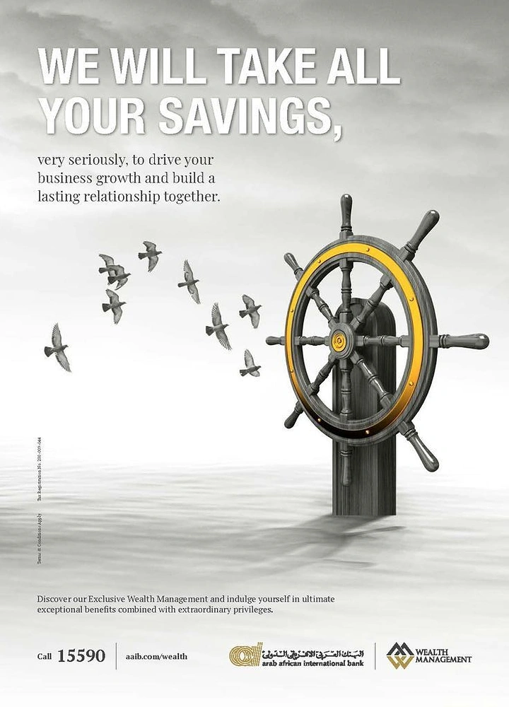 Stock Brokers & Investing creative ad: Ship helm steering wealth, bold headline