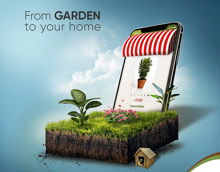 Landscaping & Gardening creative ad: Phone as shop on soil: garden to home