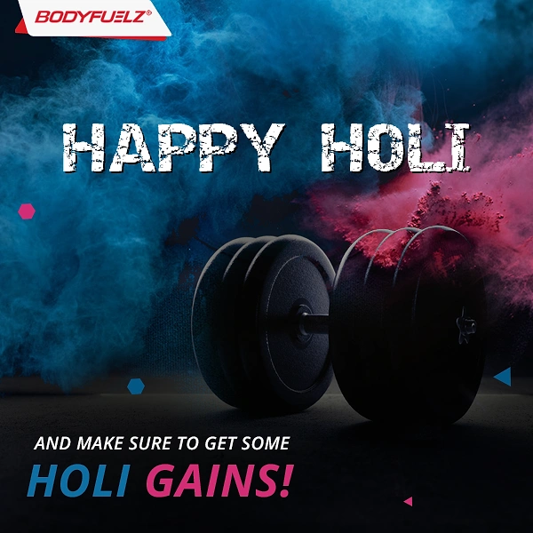 Holi creative ad: 'Holi Gains' pun with dumbbell