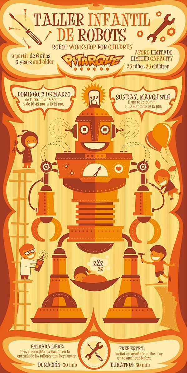 Robotics & STEM Classes creative ad: Retro circus-style children’s robot workshop