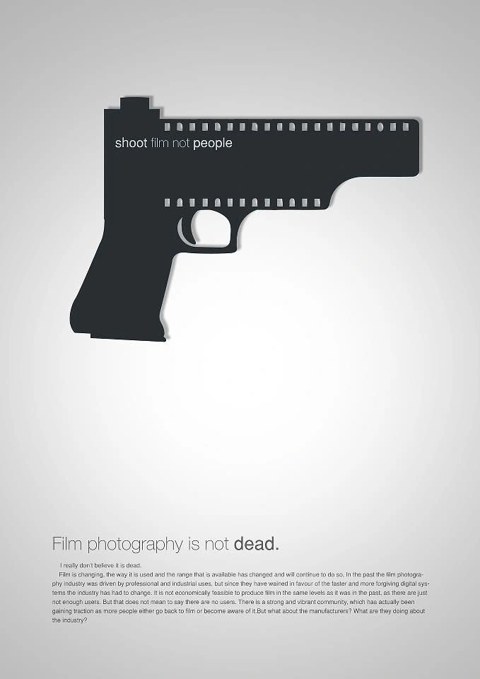 Photography creative ad: Film strip gun pun: shoot film not people