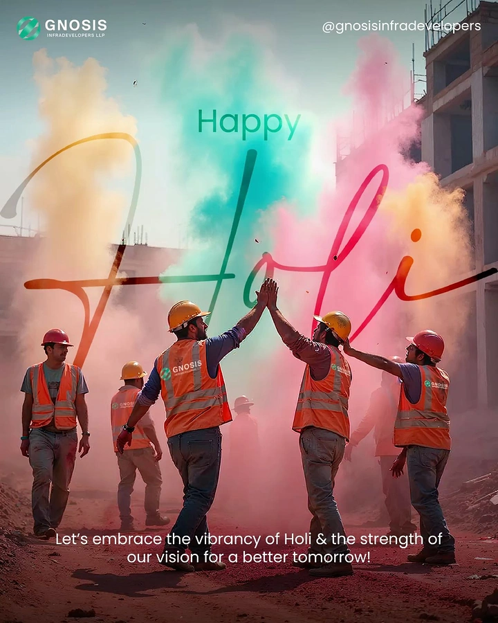 Holi creative ad: Construction workers high-fiving amid clouds of Holi colour