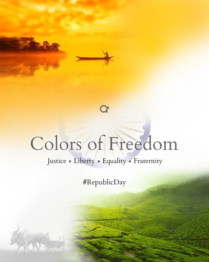 Republic Day creative ad: Tricolour landscape collage of a sunrise lake and tea hills