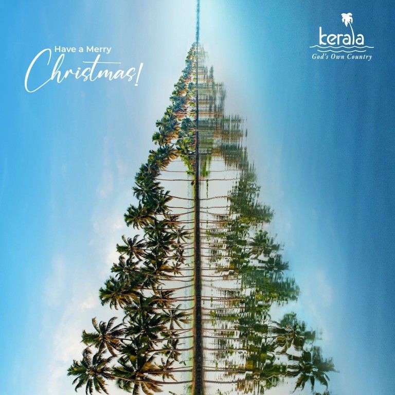 Christmas Instagram post: A row of palm trees and its reflection in the water, rotated to form a Christmas tree