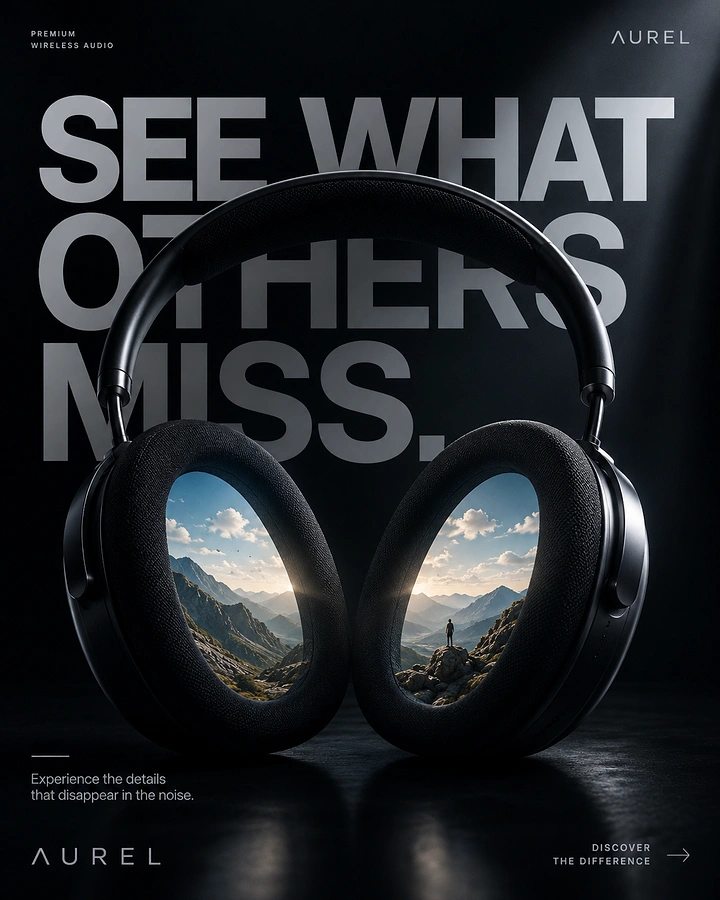 Electronics creative ad: Black headphones with mountain vistas inside ear cups