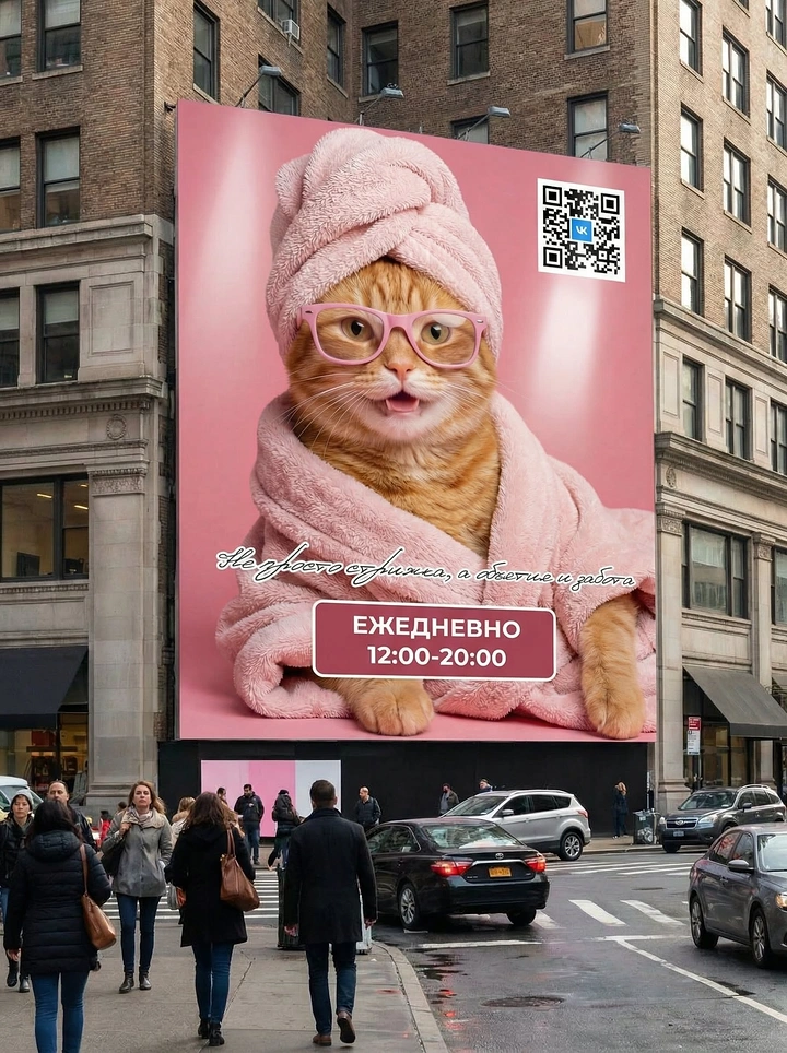 Pet Grooming creative ad: Cat in spa robe billboard, pampered-pet idea