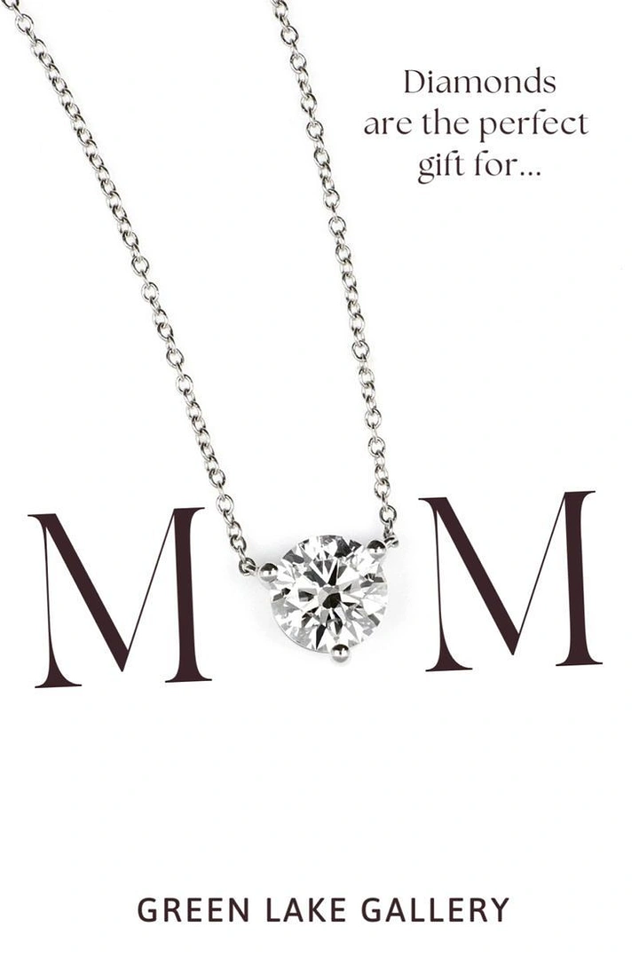 Mother's Day creative ad: Diamond solitaire pendant forming the O in MOM