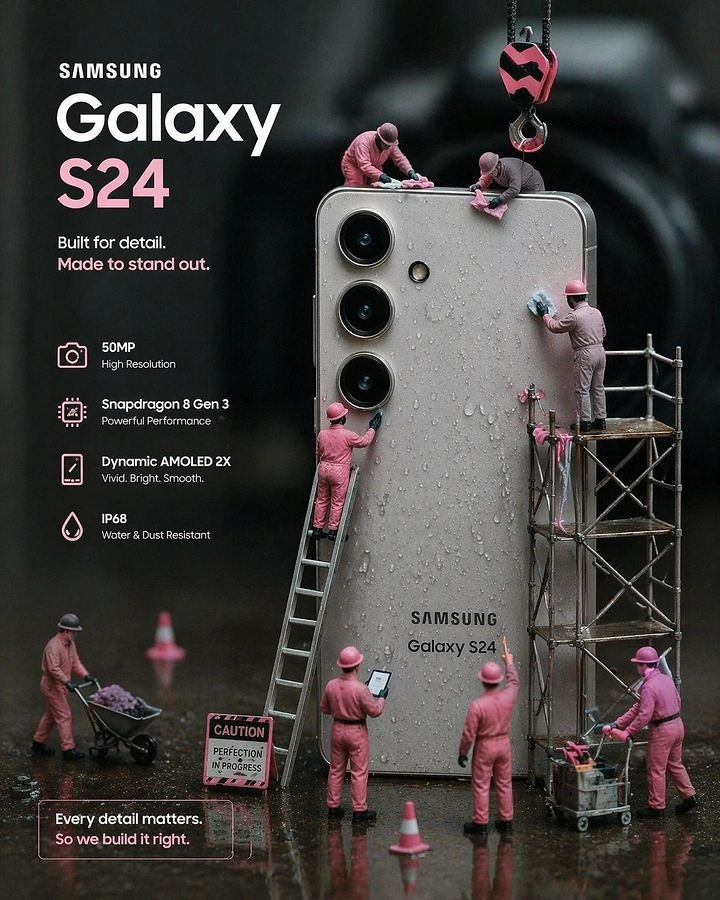Electronics creative ad: Giant phone being polished by miniature pink-suited construction workers