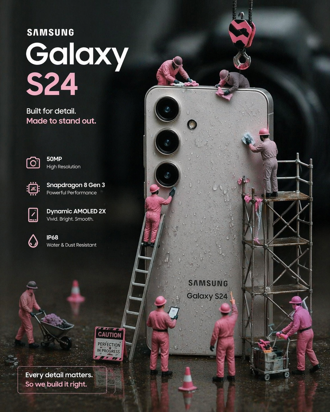 Giant phone being polished by miniature pink-suited construction workers