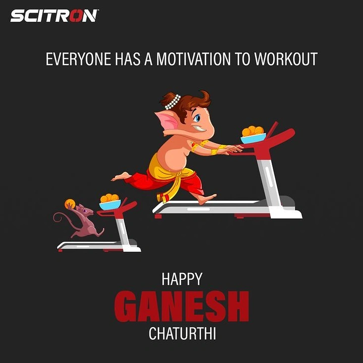Ganesh Chaturthi creative ad: Cartoon Ganesha running on a treadmill chasing modaks, mouse on a smaller treadmill