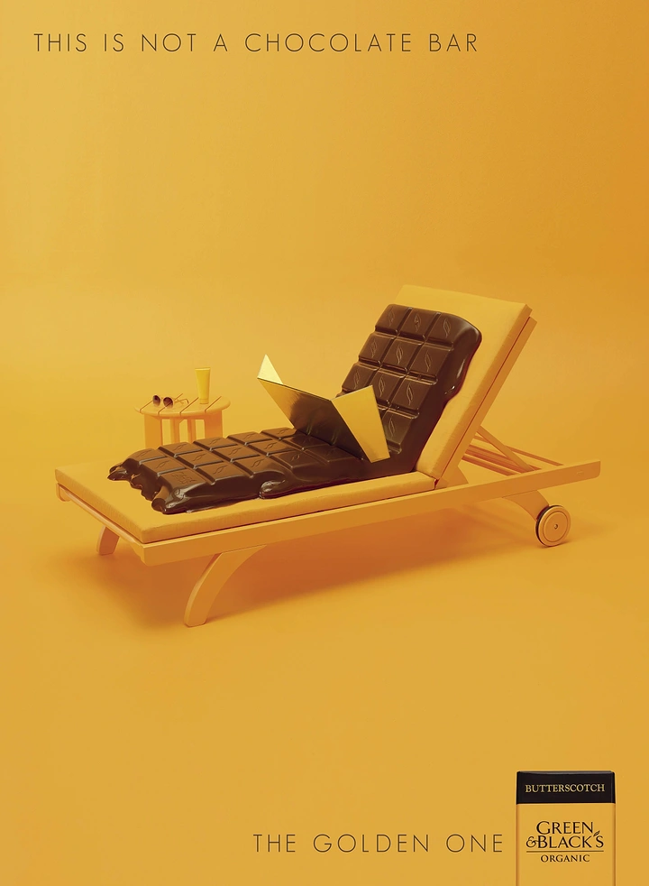 FMCG creative ad: Melting chocolate bar sunbathing on a lounger