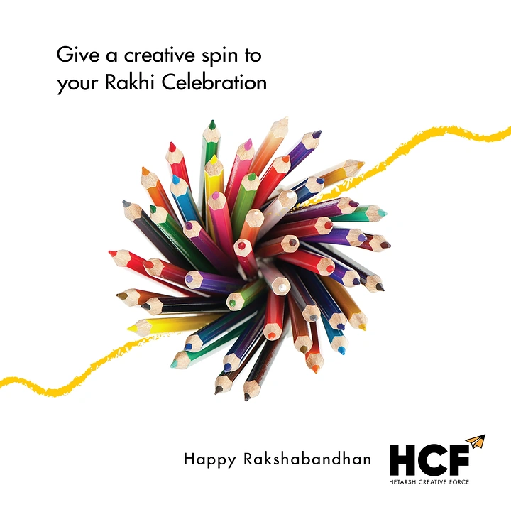 Raksha Bandhan creative ad: Top-down bundle of coloured pencils arranged as a rakhi