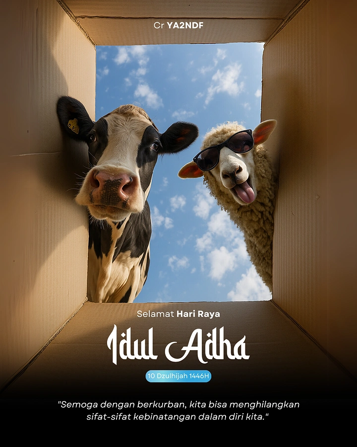 Eid creative ad: Cow and sunglasses-wearing sheep peering down into a cardboard box
