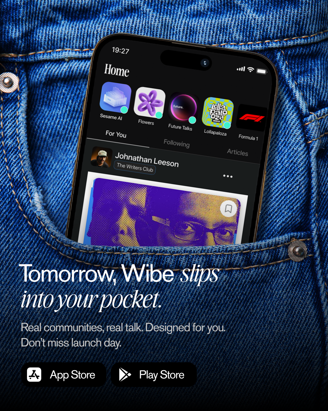 Instagram post: Phone showing a social app UI tucked in a denim jeans pocket
