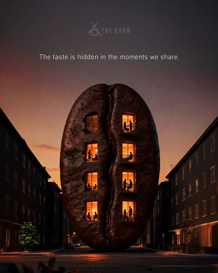 Coffee Shops creative ad: Giant coffee bean building with glowing windows of people