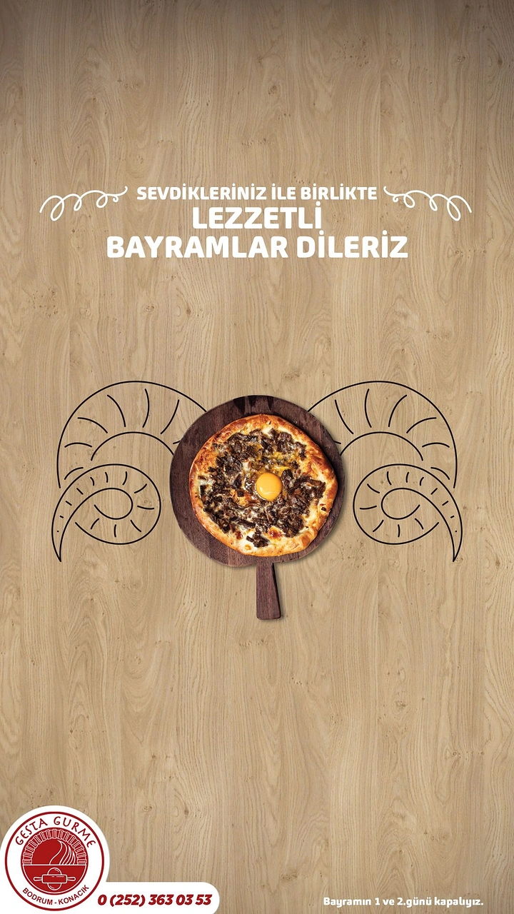 Eid creative ad: Meat pide with egg on a board, framed by drawn ram horns