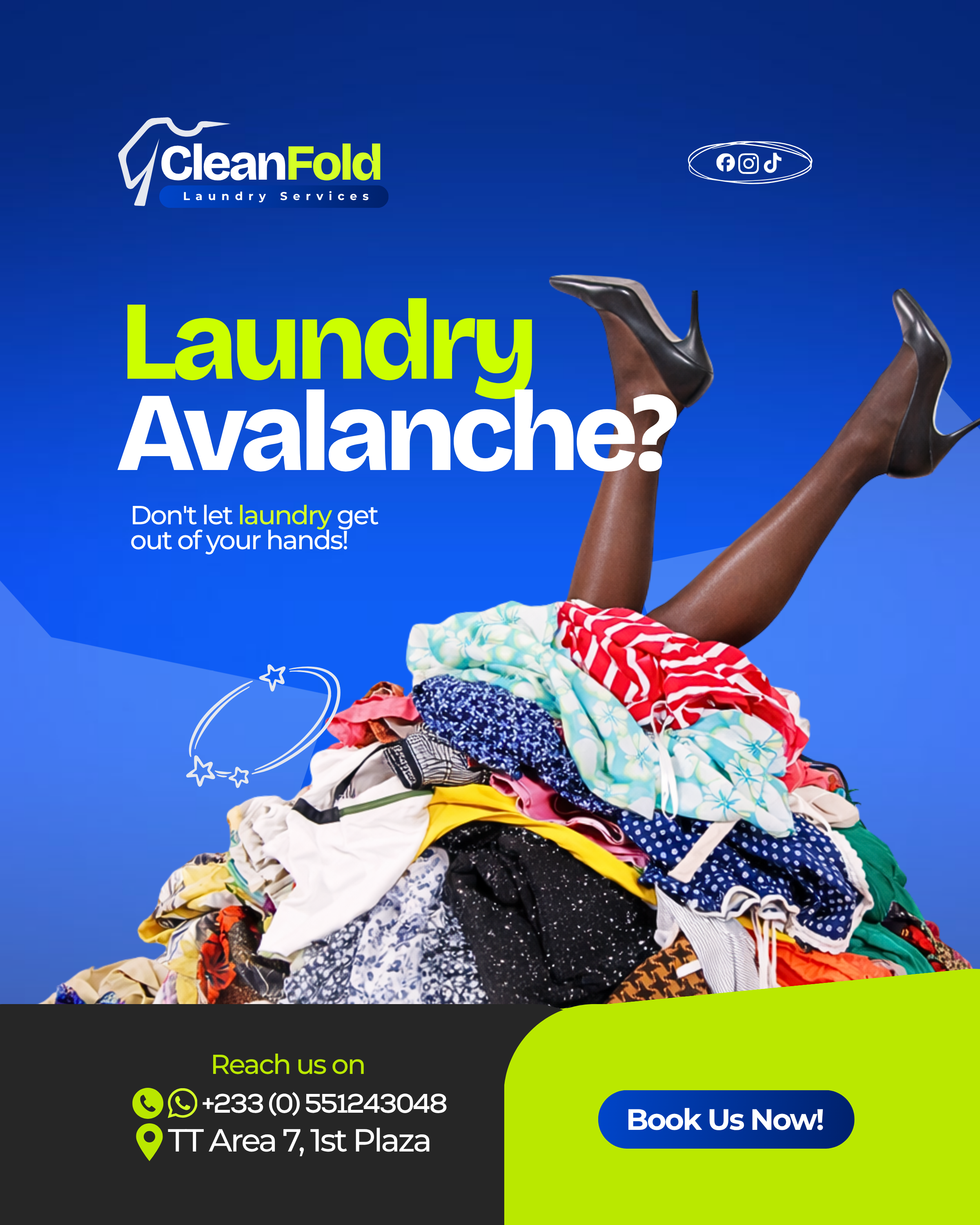 Instagram post: Legs buried in laundry 'avalanche' pun