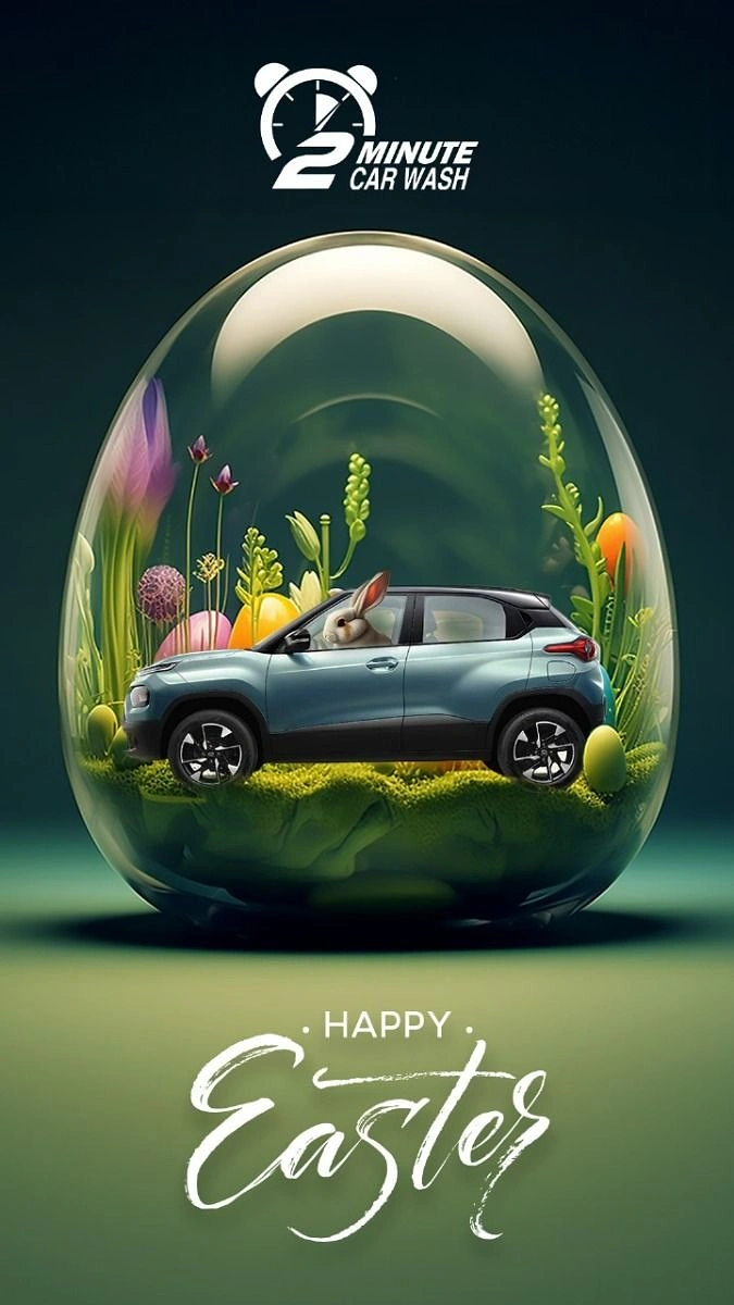 Easter creative ad: Compact SUV with a bunny driver inside a glass egg terrarium