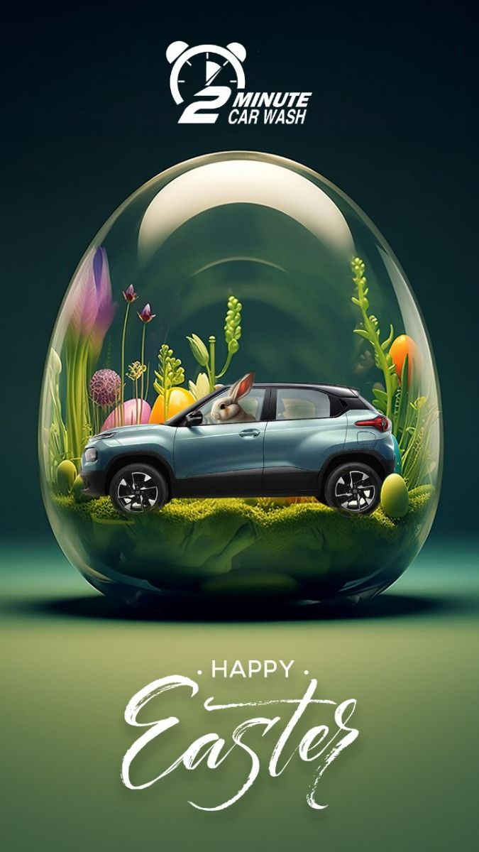 Compact SUV with a bunny driver inside a glass egg terrarium