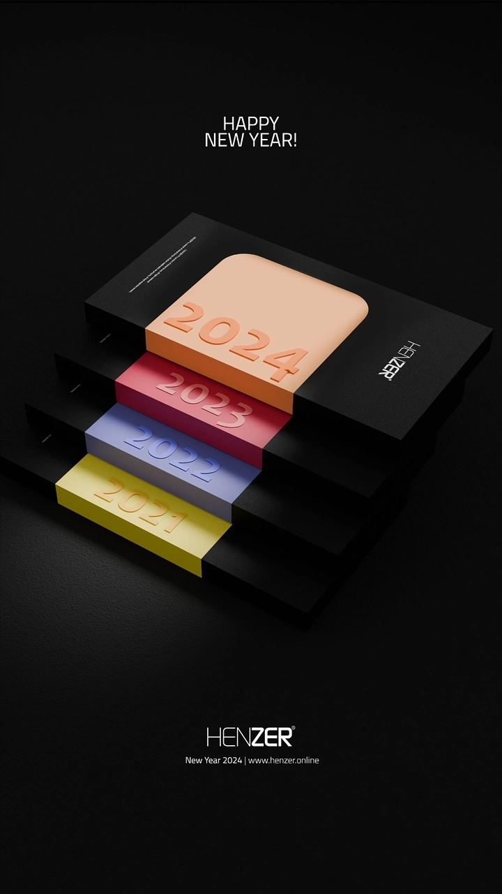 New Year creative ad: Isometric stack of black slabs with embossed coloured year tabs