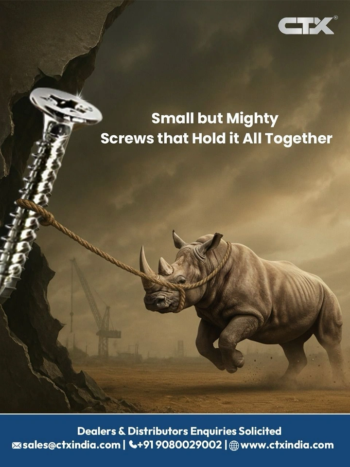 Cement, Steel & Building Materials creative ad: Oversized screw in a cliff holding back a charging rhino by a rope