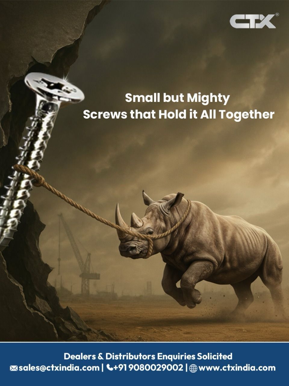 Instagram post: Oversized screw in a cliff holding back a charging rhino by a rope