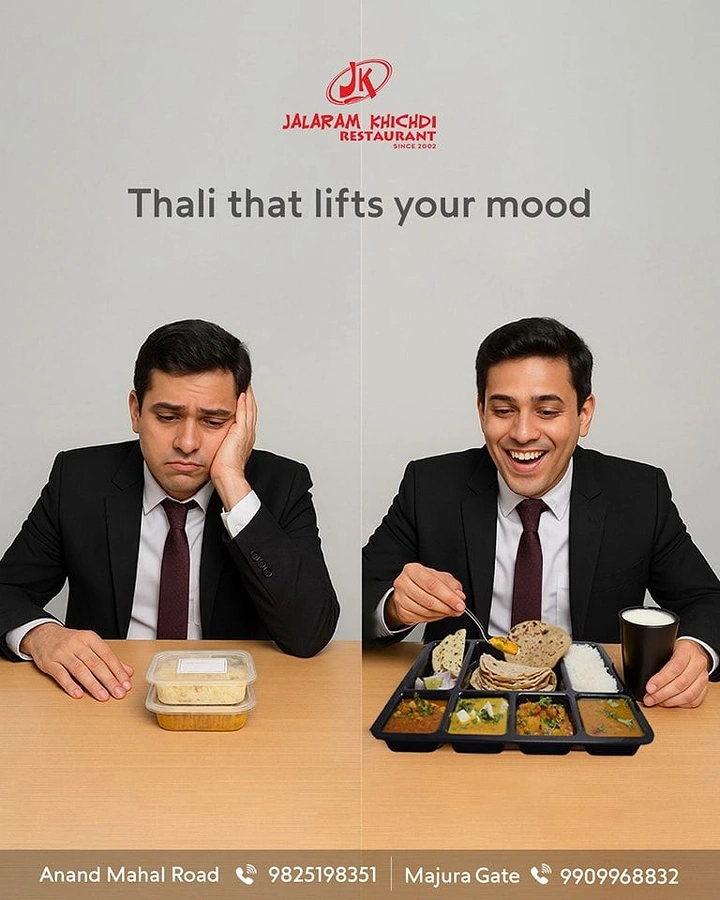 Cloud Kitchens & Food Trucks creative ad: Before/after mood swing with thali