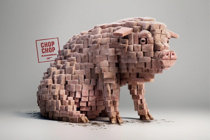 Restaurant & Cafe creative ad: Pig sculpted from diced meat cubes
