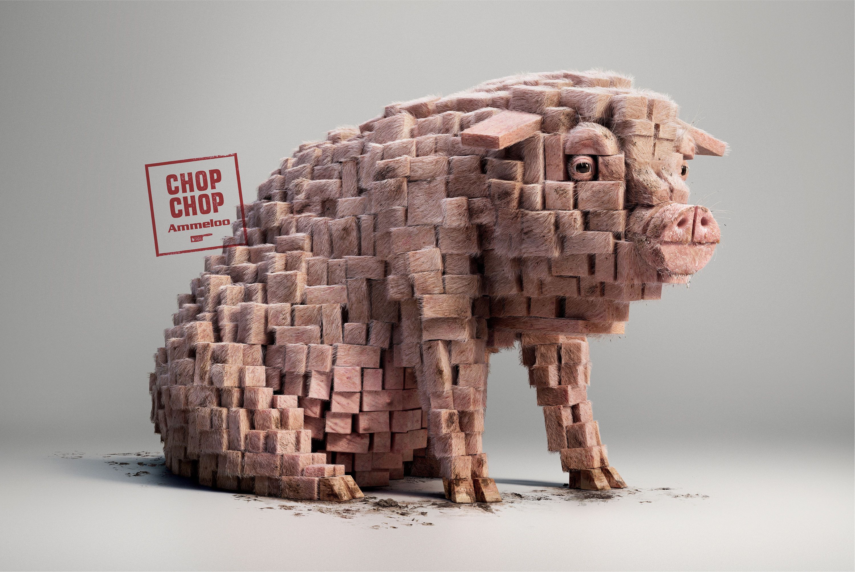 Poster: Pig sculpted from diced meat cubes