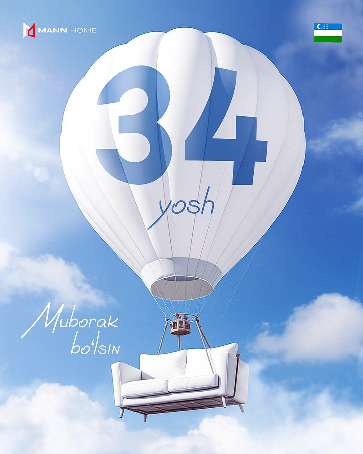 Independence Day creative ad: White hot air balloon lifting a white sofa through blue sky