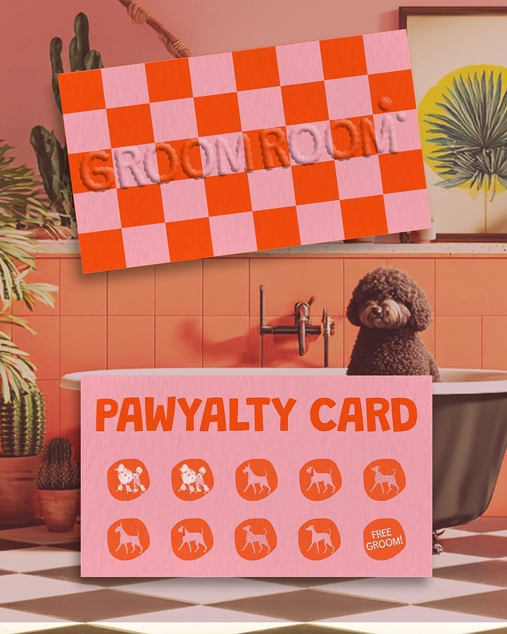 Pet Grooming creative ad: Checkerboard Groom Room loyalty card art direction