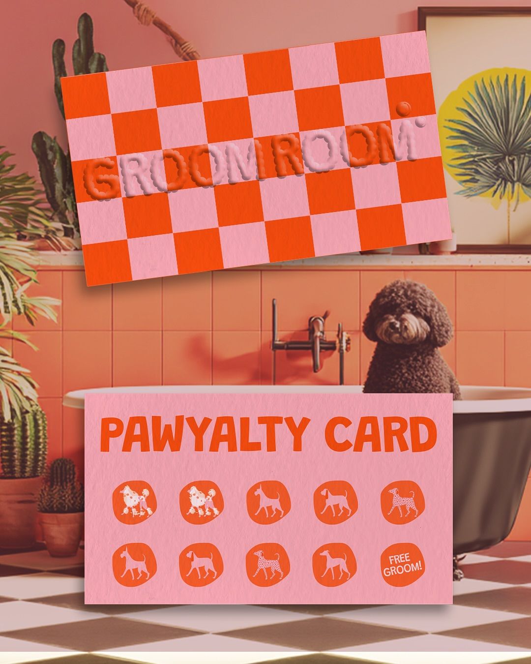 Instagram post: Loyalty card and business card mockup in a retro dog bathroom
