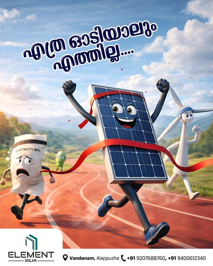 Solar & Energy creative ad: Cartoon solar panel breaking the finish-line tape ahead of a worried electricity bill