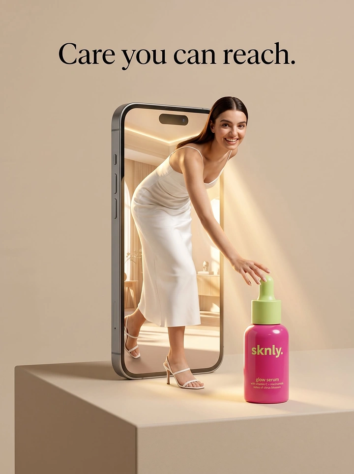 Creative ad: Woman reaching out of a phone screen to grab a serum bottle