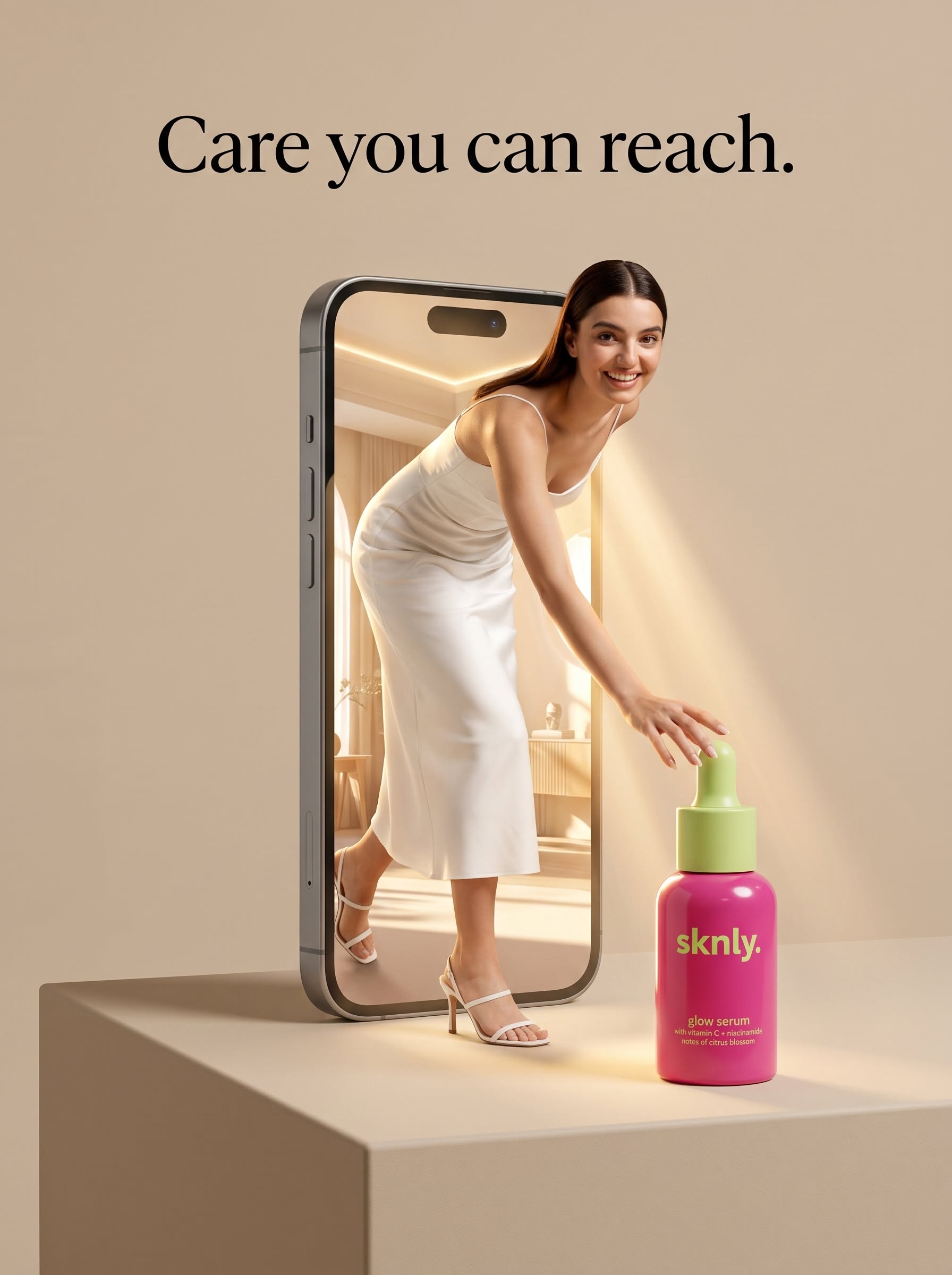 Instagram post: Woman reaching out of a phone screen to grab a serum bottle