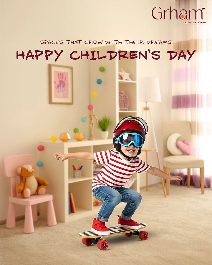 Children's Day creative ad: Boy in helmet and goggles skateboarding in a cosy kids' bedroom