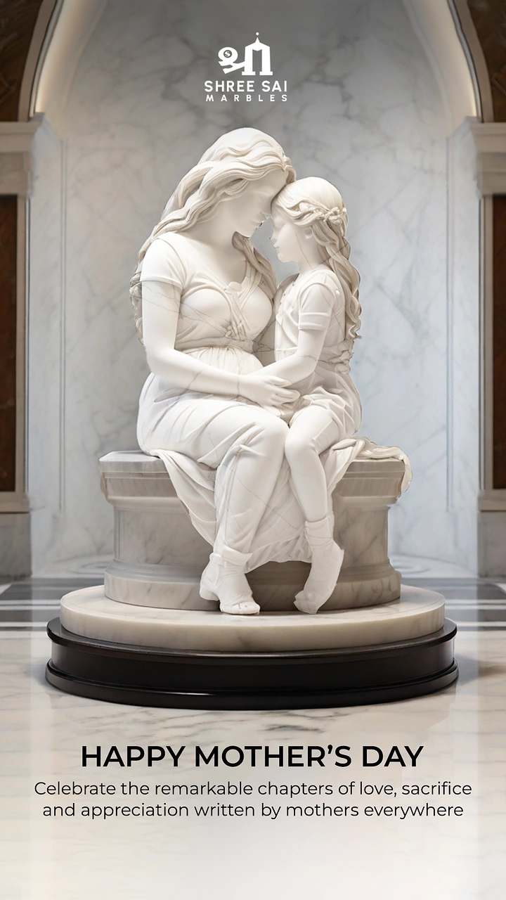 Mother's Day creative ad: White marble sculpture of mother embracing daughter on a pedestal