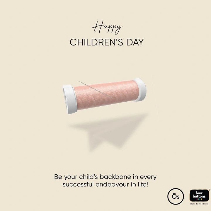 Children's Day creative ad: Pink thread spool with a needle casting a paper-plane shadow