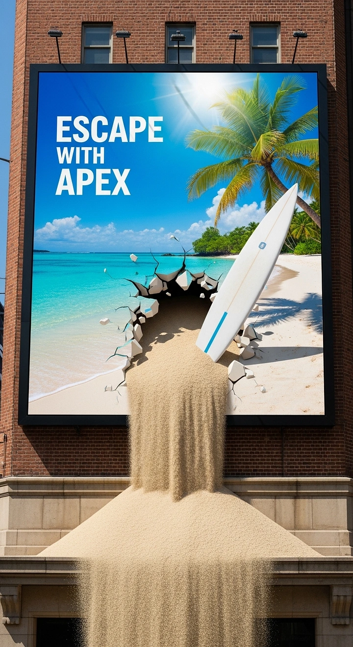 Adventure Sports & Trekking creative ad: Billboard breaks open into surf escape