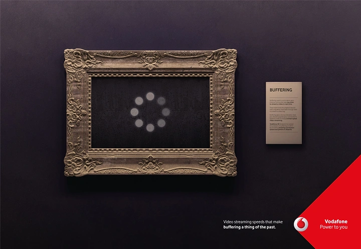 Telecom creative ad: Buffering spinner displayed as a museum artwork in an ornate frame
