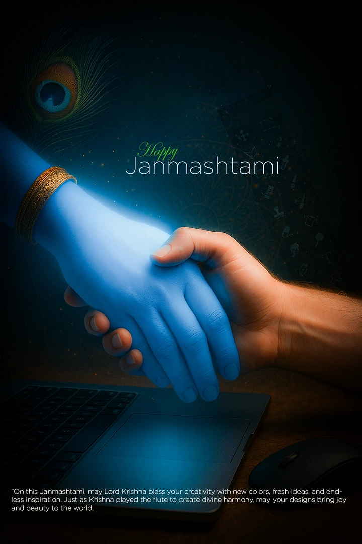 Janmashtami creative ad: Krishna's blue hand handshake, partnership metaphor