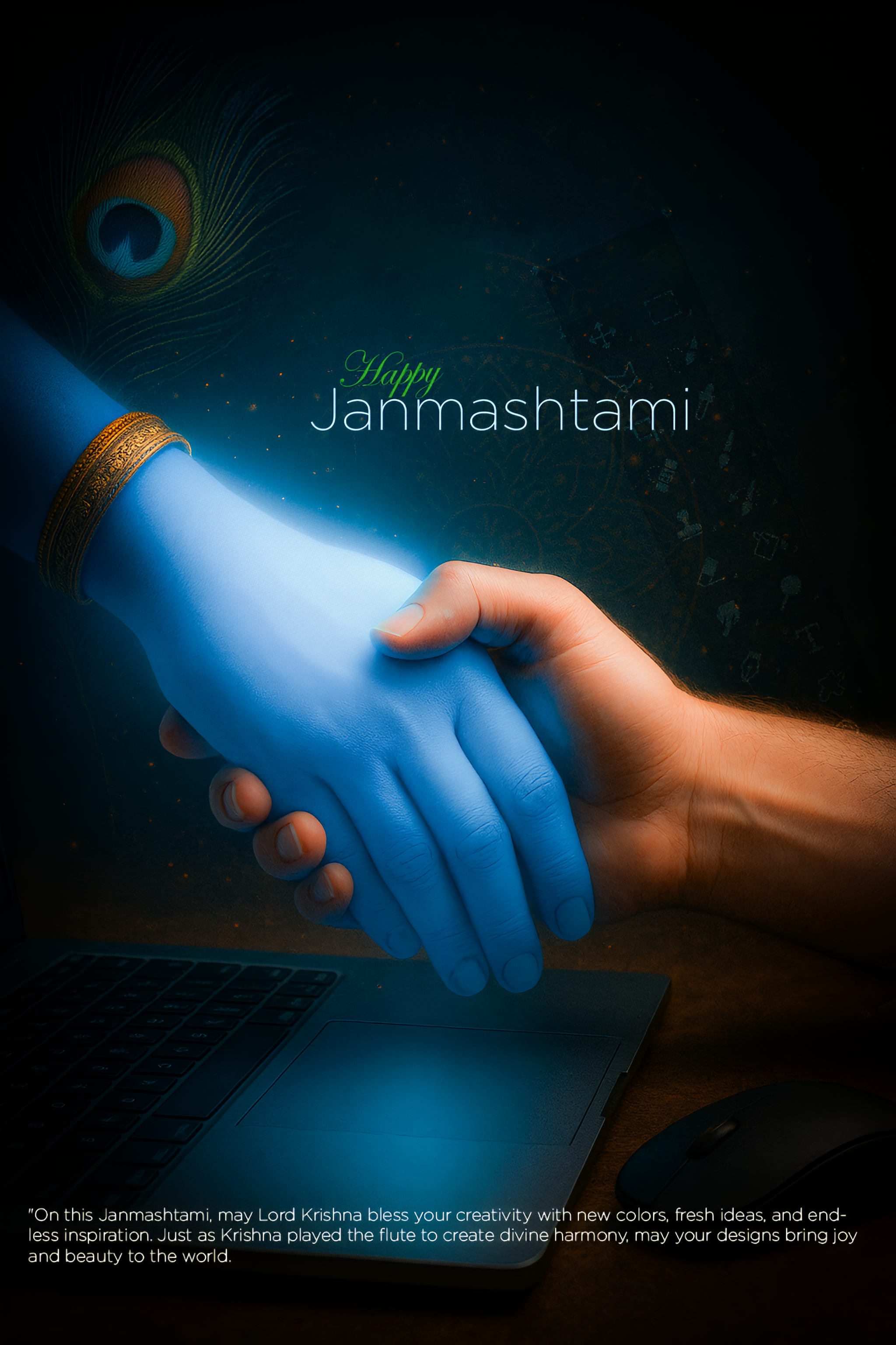 Krishna's blue hand handshake, partnership metaphor