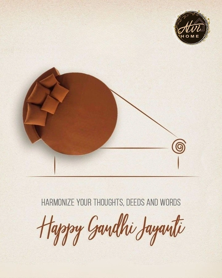Gandhi Jayanti creative ad: Round rust sofa photographed from above as the wheel of a line-drawn charkha