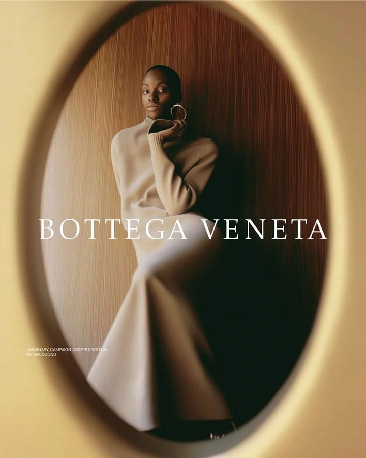 Creative ad: Seated model in cream knit, seen through an oval mirror