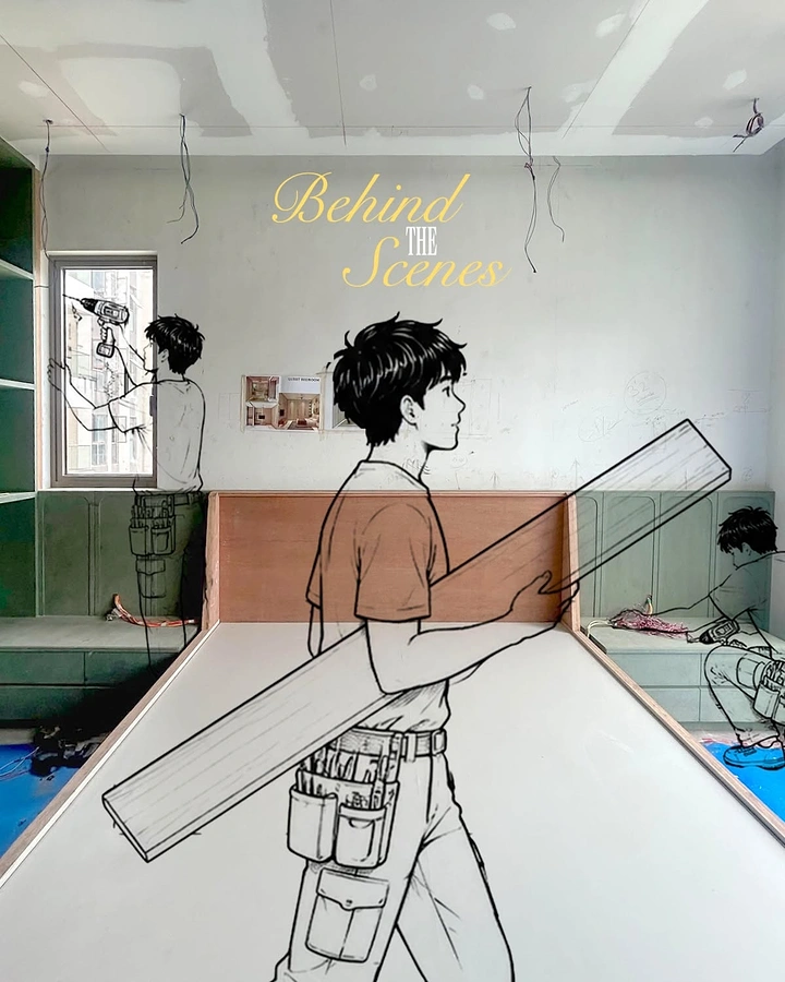 Carpenters & Woodwork creative ad: Line-drawn carpenters sketched into real room