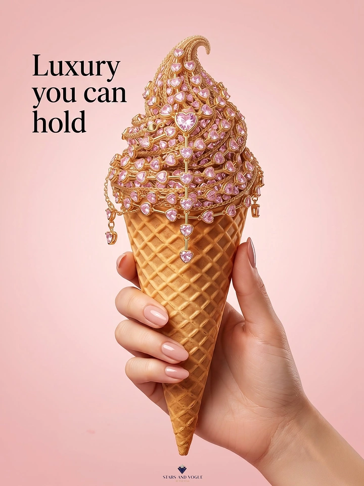 Jewellery creative ad: Hand holding a waffle cone topped with a swirl of pink heart-gem gold chains