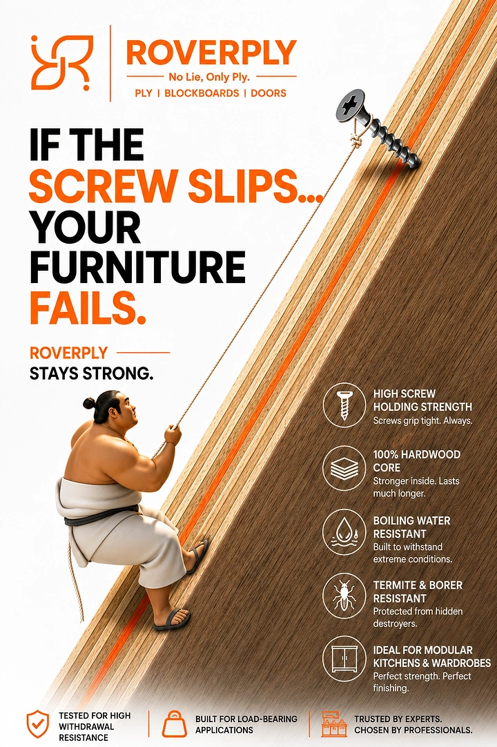 Carpenters & Woodwork creative ad: Man climbing plywood held by screw